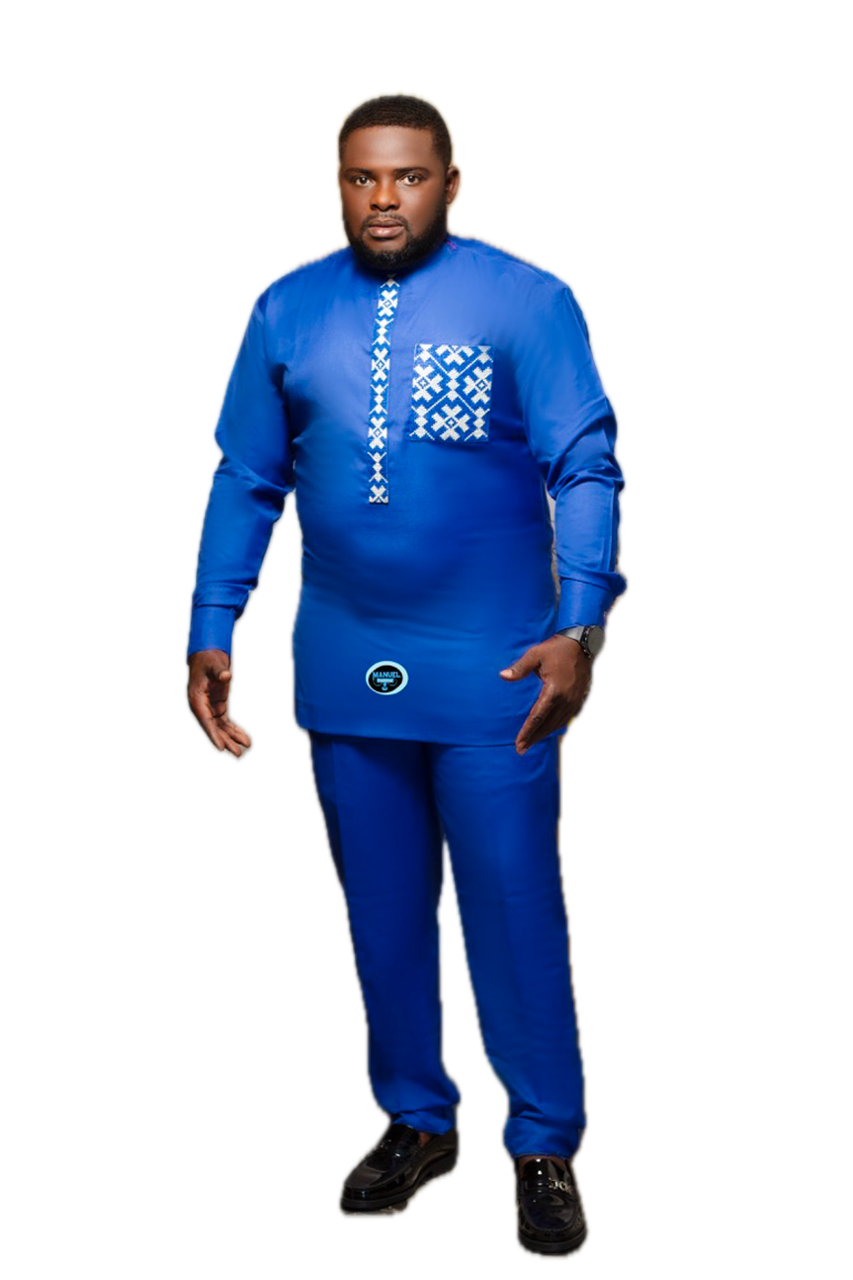 Manuel Fashion Blue Kaftan with White Pocket Design